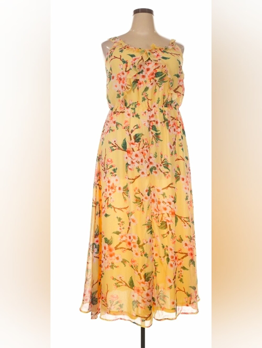 Roaman's Yellow Floral Ruffle-Trim Dress